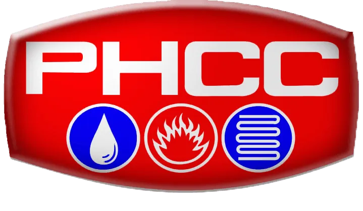 A red and white phcc logo with a drop of water and a flame
