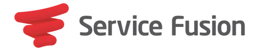 A service fusion logo with a red swirl on a white background