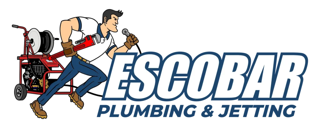 A logo for escobar plumbing and jetting with a man holding a hose