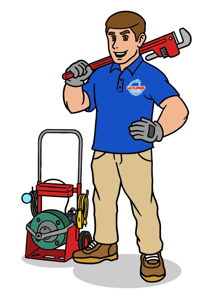 A cartoon of a plumber holding a wrench over his shoulder.
