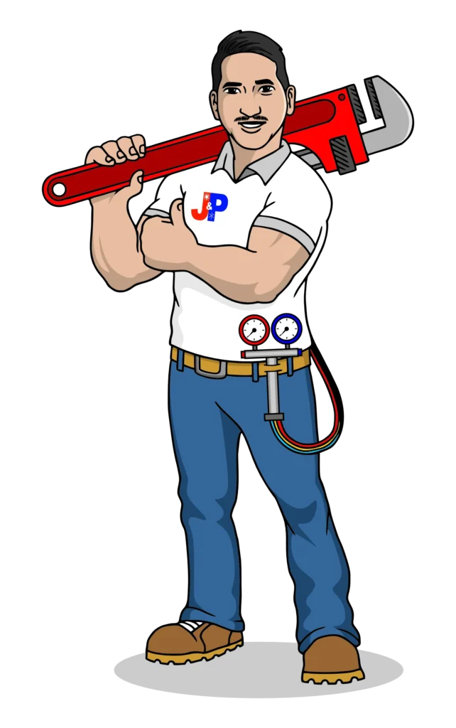A man is holding a large wrench over his shoulder.