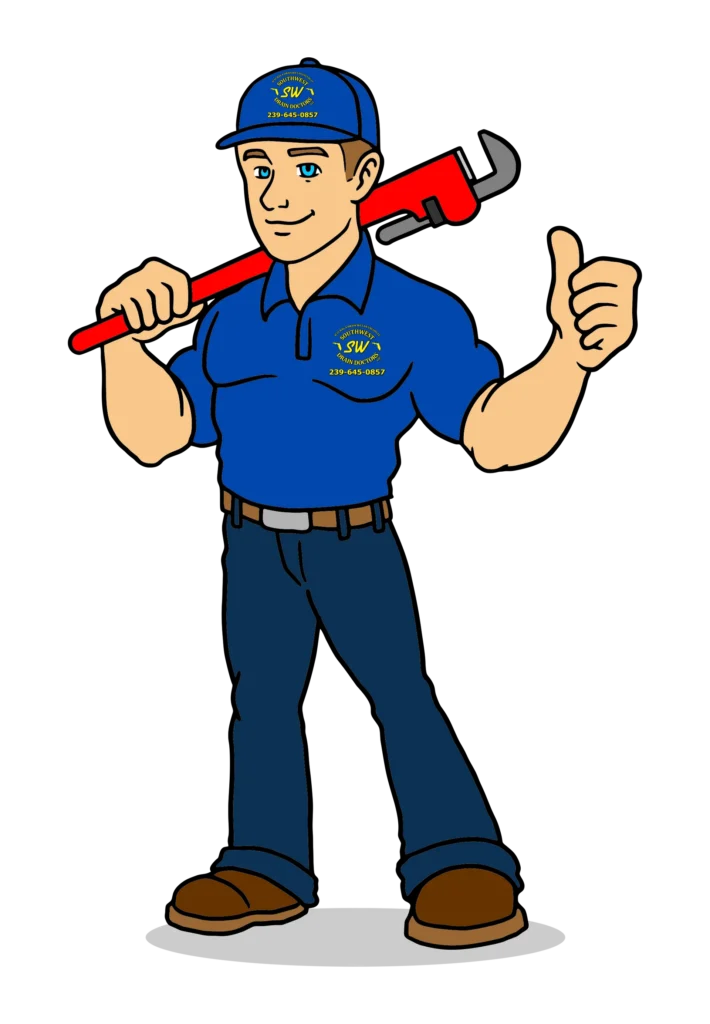 A cartoon of a plumber holding a wrench and giving a thumbs up.