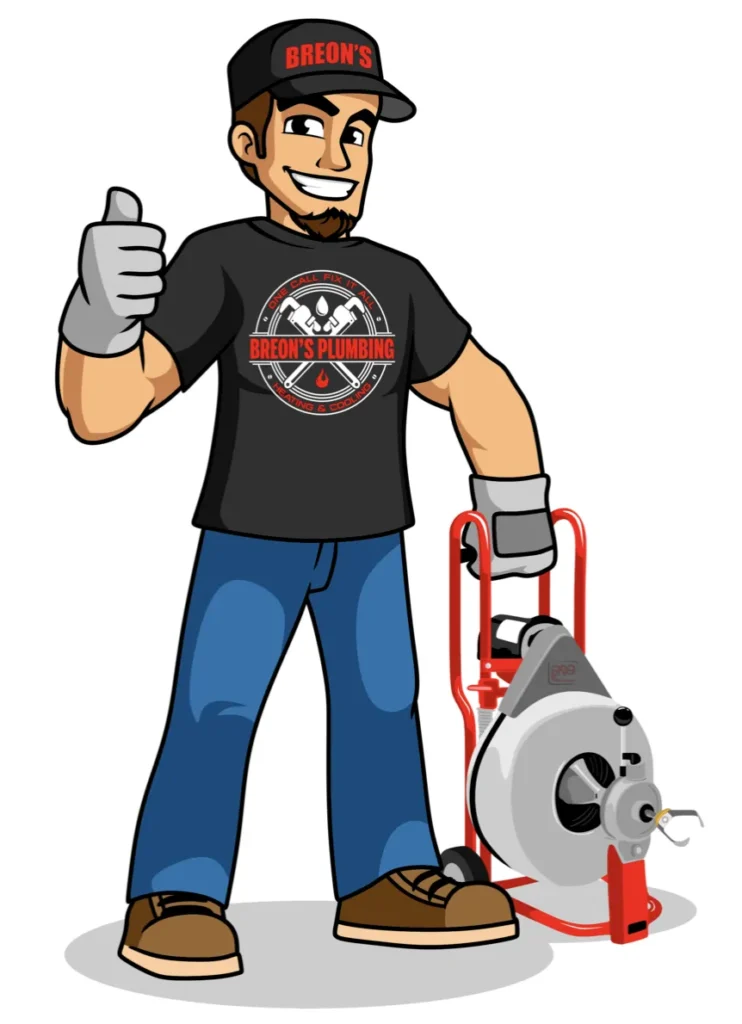 A cartoon of a plumber holding a drain cleaner and giving a thumbs up.