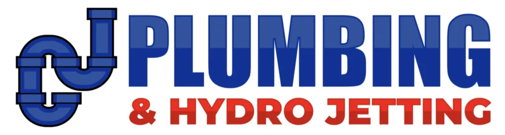 A plumbing and hydro jetting logo with a blue pipe in the middle.