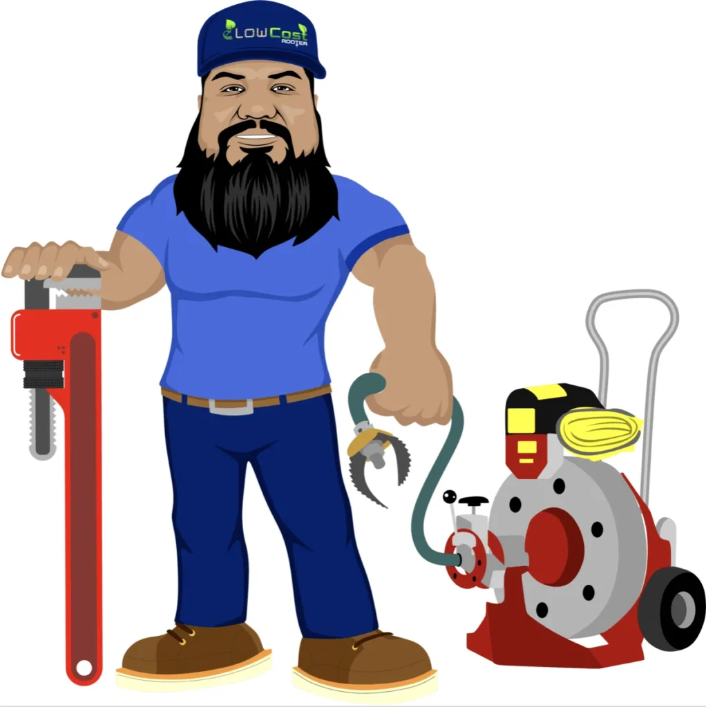 A man with a beard is holding a pipe wrench and a drain cleaner.