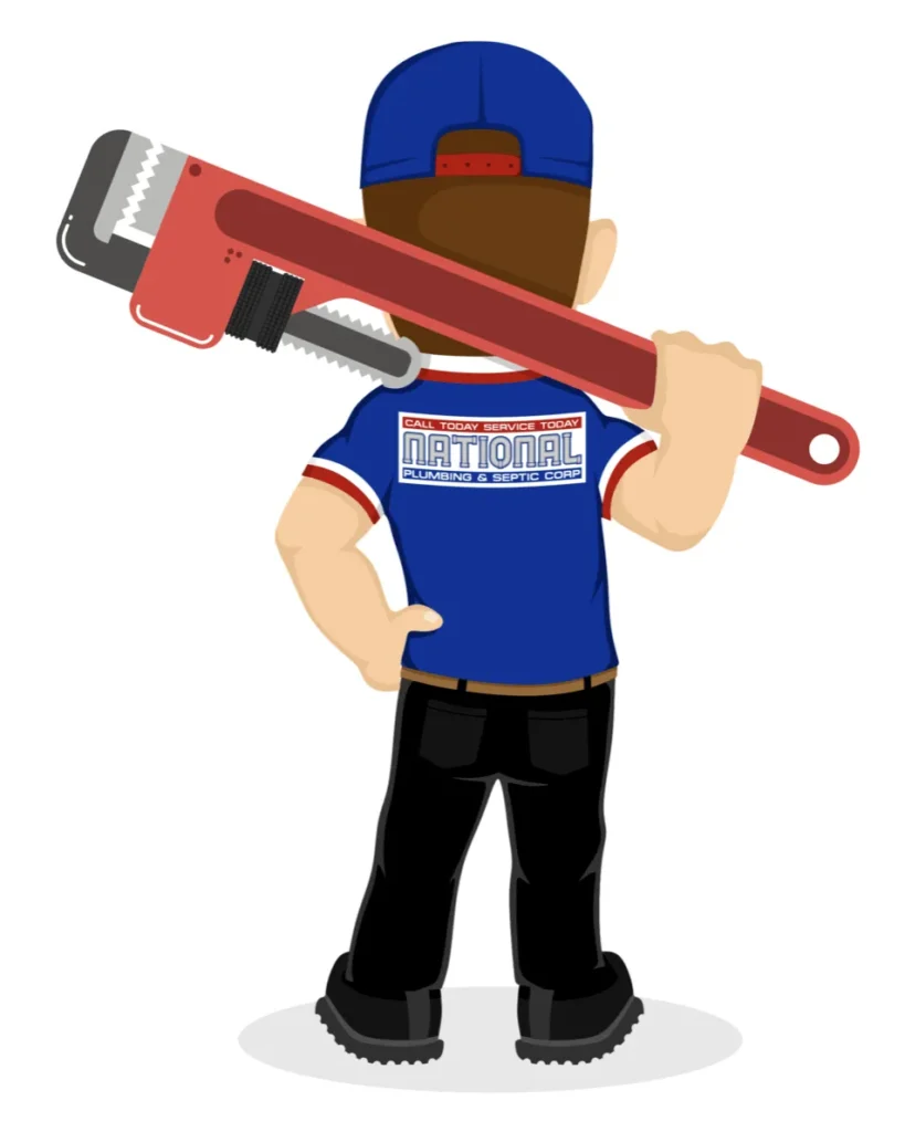 alt="A plumber is holding a large wrench over his shoulder."