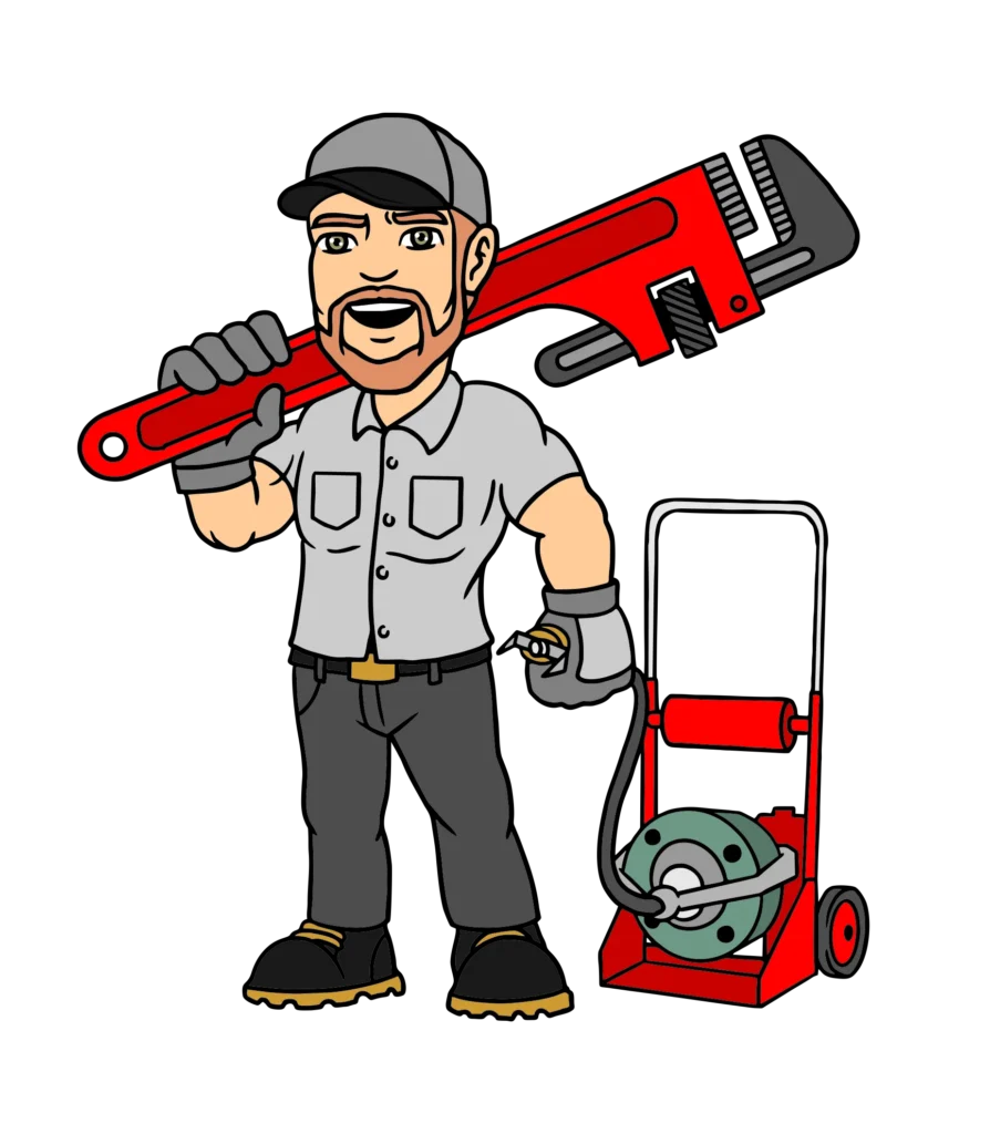 alt="A cartoon of a plumber holding a wrench and a drain cleaner."