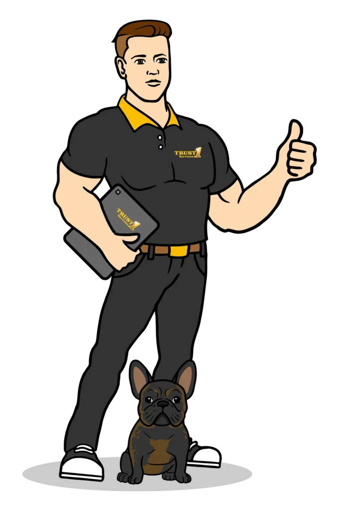 A man is standing next to a dog and giving a thumbs up.