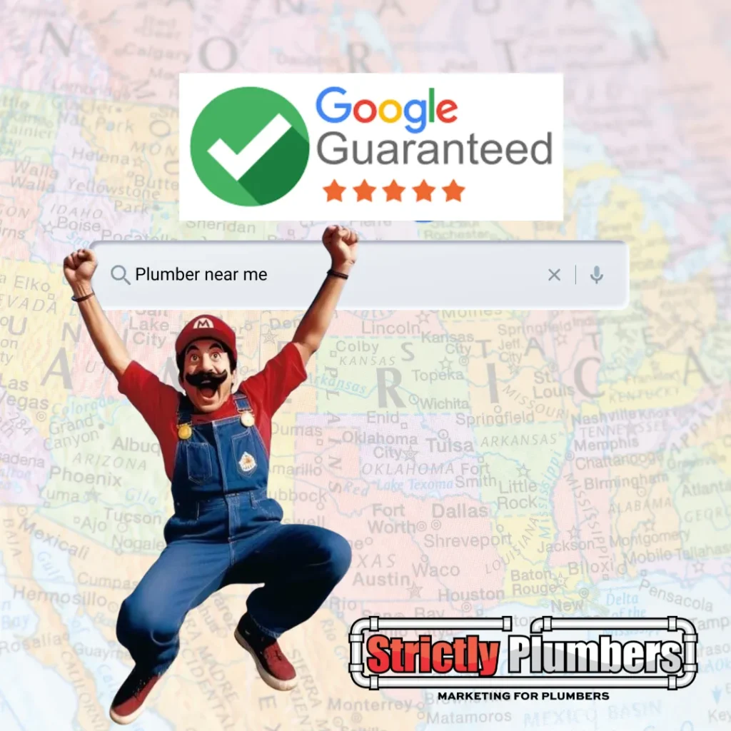 A man is jumping in the air in front of a google guaranteed sign