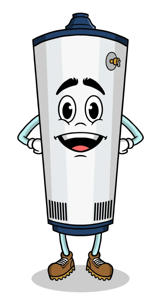 A cartoon illustration of a water heater with arms and legs and a smiling face.