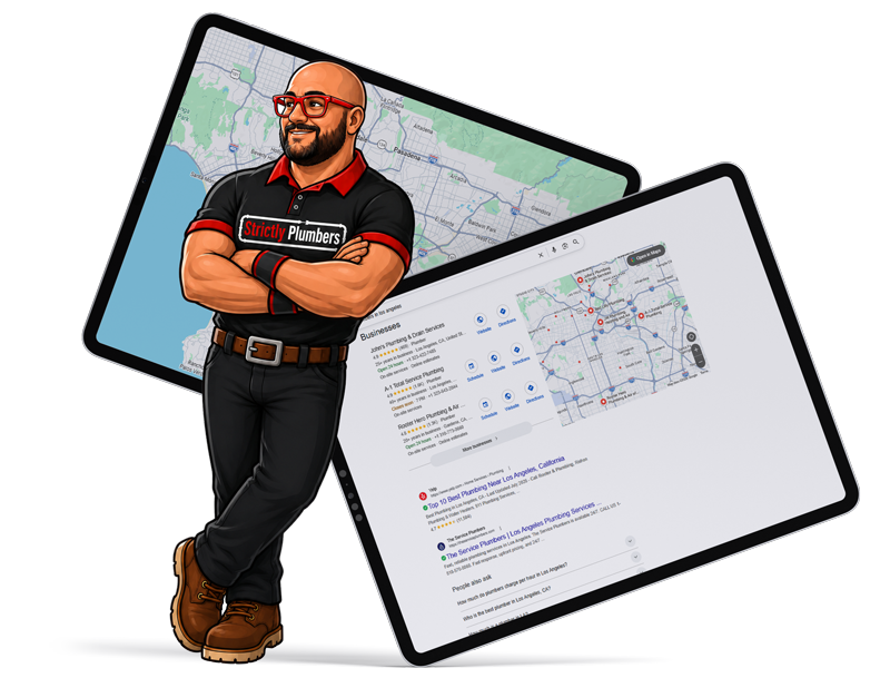 Local SEO for plumbers illustration featuring the Strictly Plumbers mascot with Google Maps and Google Business Profile search results.