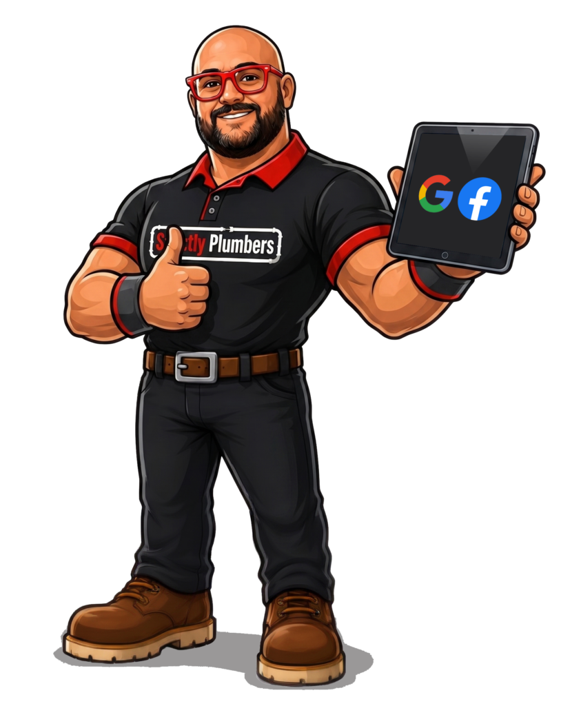 A man with a beard is holding a tablet and giving a thumbs up.