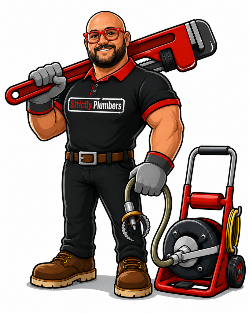 A cartoon of a plumber holding a wrench and a hose.