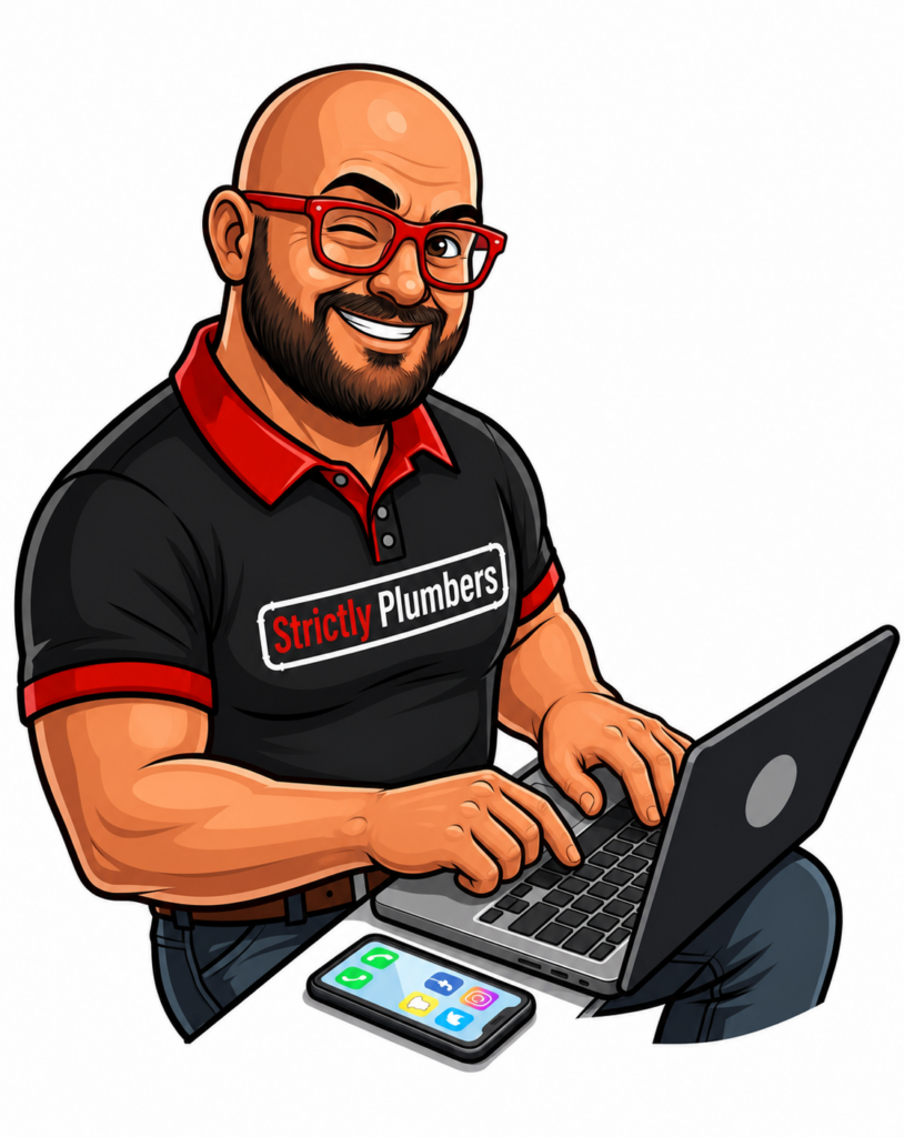 Digital marketing for plumbers illustration featuring the Strictly Plumbers mascot using a laptop and smartphone to manage online marketing and social media.