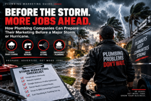 Storm marketing checklist for plumbing companies with a plumber, service truck and drain-service icons