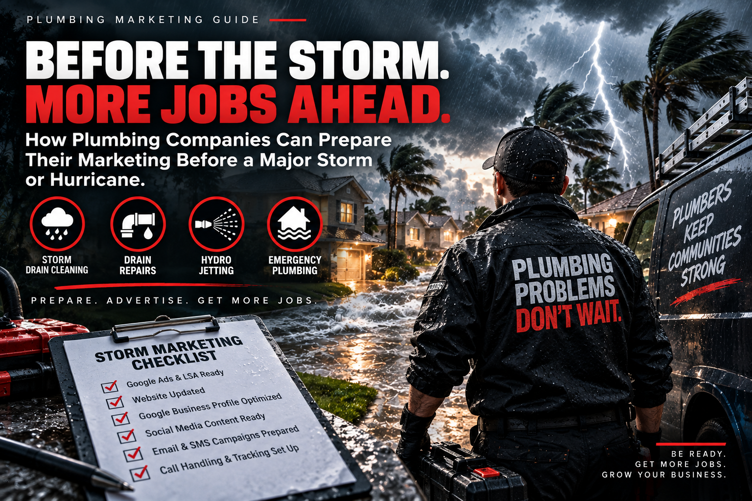 Storm marketing checklist for plumbing companies with a plumber, service truck and drain-service icons