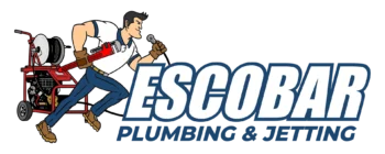 A logo for escobar plumbing and jetting with a man holding a hose