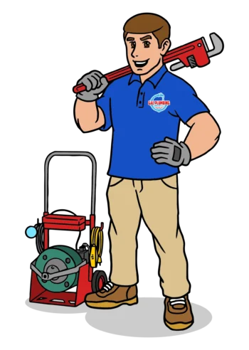 A cartoon of a plumber holding a wrench over his shoulder.