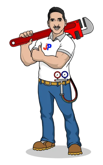 A man is holding a large wrench over his shoulder.