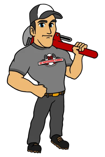 A cartoon of a plumber holding a wrench on his shoulder.