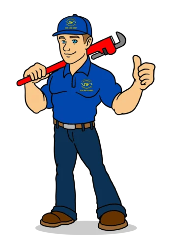 A cartoon of a plumber holding a wrench and giving a thumbs up.
