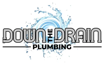 The logo for down the drain plumbing shows a splash of water.