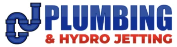 A plumbing and hydro jetting logo with a blue pipe in the middle.