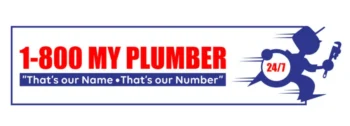 A logo for 1-800-my plumber that says that 's our name that 's our number