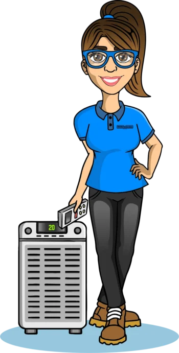 A cartoon of a woman standing next to a suitcase.