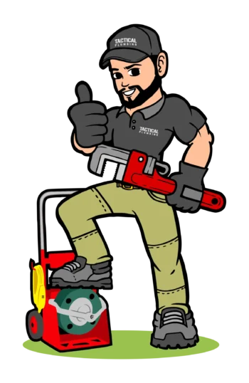 A cartoon of a plumber holding a wrench and giving a thumbs up.
