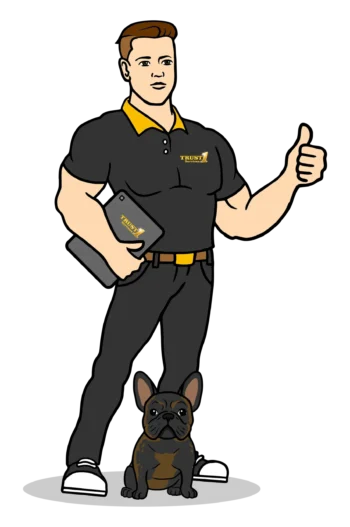 A man is standing next to a dog and giving a thumbs up.