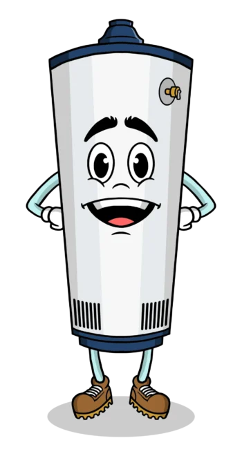 A cartoon illustration of a water heater with arms and legs and a smiling face.