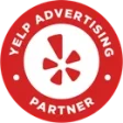 A yelp advertising partner logo in a red circle