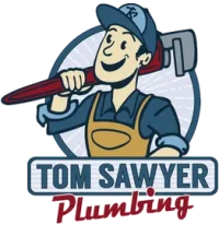 The logo for tom sawyer plumbing shows a man holding a wrench on his shoulder.