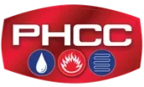 A red phcc logo with a drop of water and a fire
